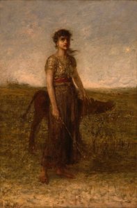Niña y ternero (llevados por prados) de George Fuller